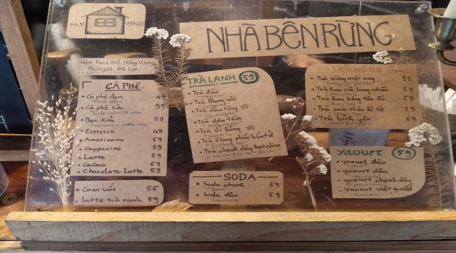thực đơn đồ uống quán cà phê nhà bên rừng đà lạt